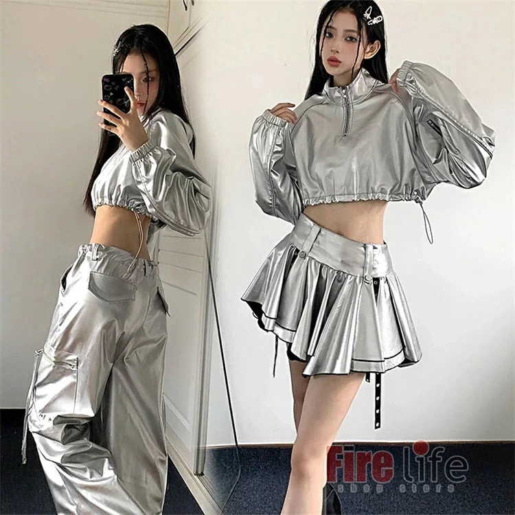 ダンスウェアセール ダンス衣装 レディース ヒップホップ 衣装 へそ出し 銀色 シルバー 長袖トップス カーゴパンツ スカート セットアップ ジャズダンス 大人ダンス衣装 Hiphop 個性 イベント