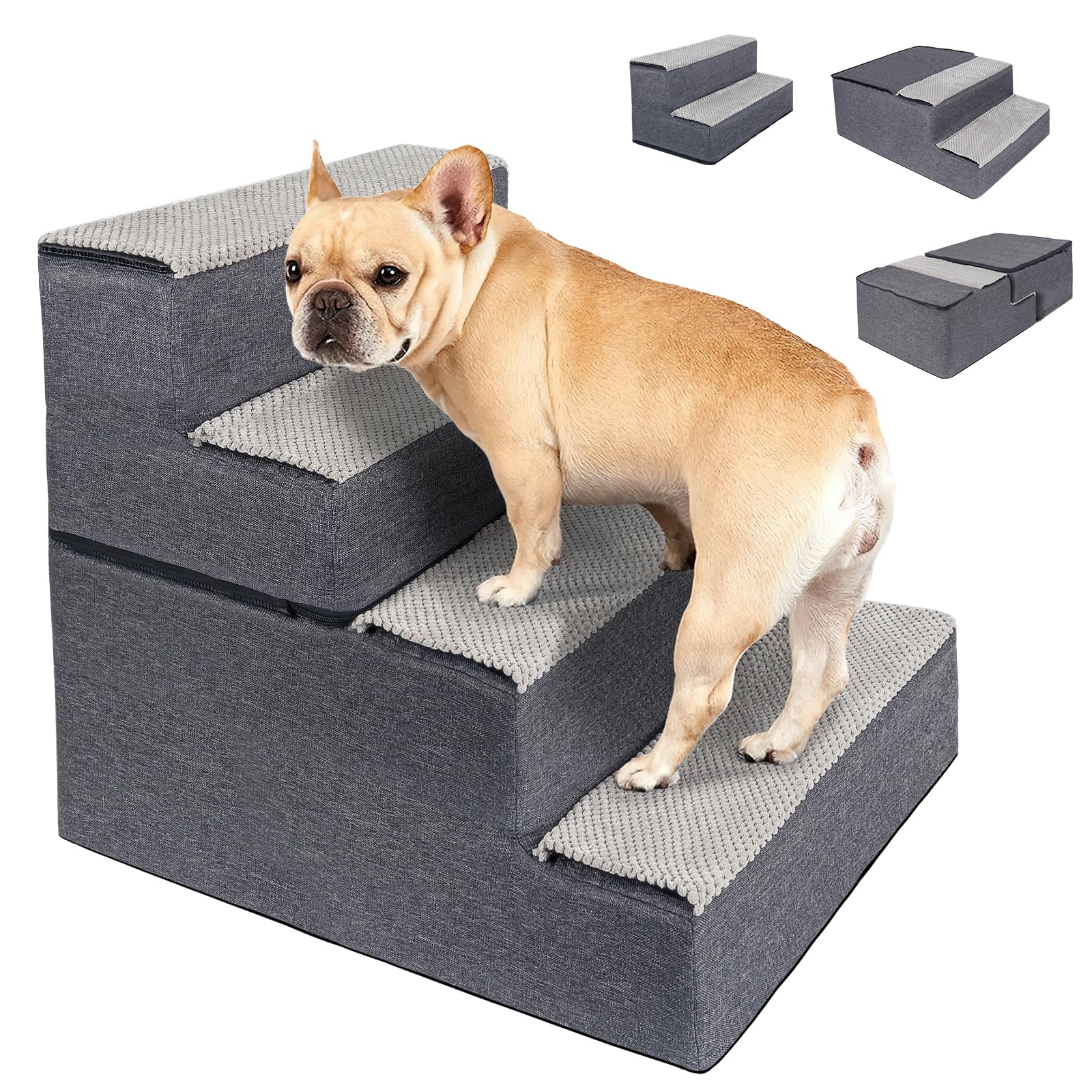 Dnzzs 犬 階段 ステップ ペット階段 ドッグステップ 高密度 滑り止め付き 安定性 カバー取り外し可能 洗える 小型犬適用 (4段,グレー)