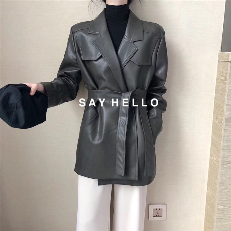 レザージャケットレディース2023新韓国版ベルトレトロ香港フレーバーミドル丈レディースifashionジャケットメス春秋潮