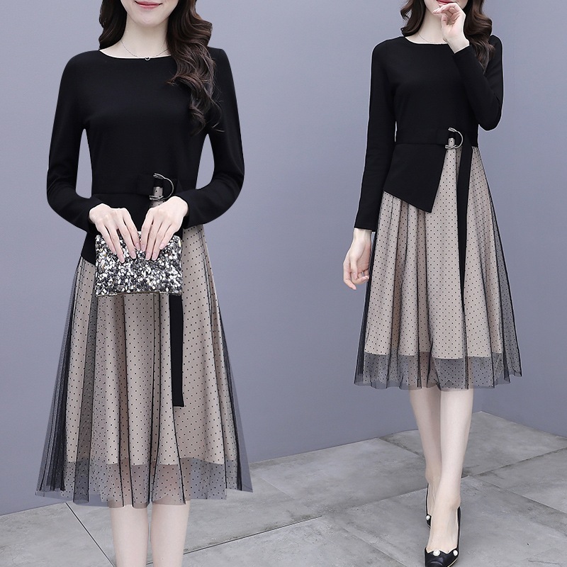 ワンピース ひざ丈ワンピース レディース Aライン ワンピ ルスカート 長袖 膝丈 着痩せ 秋 冬 フォーマル 結婚式 コーデ 30代 40代 50代 通勤 L