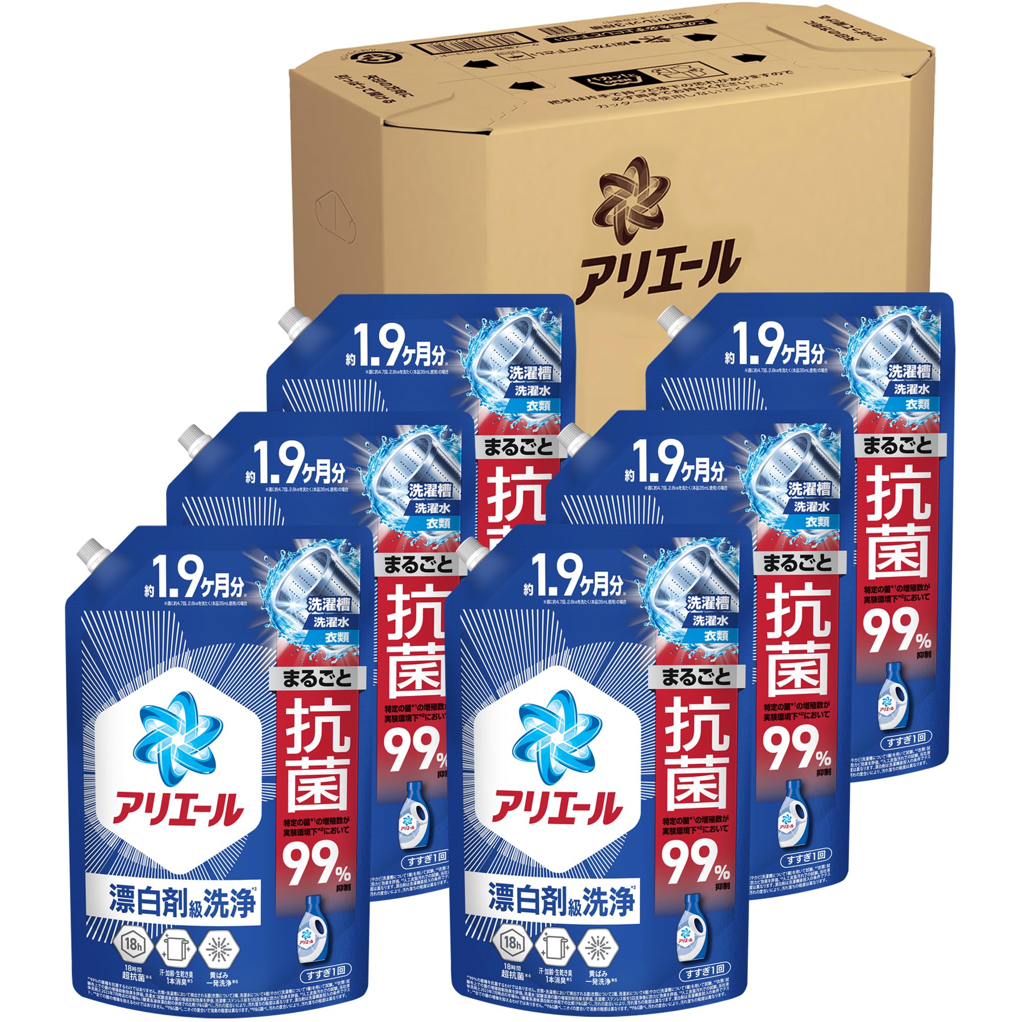 アリエール 洗濯洗剤 液体 超抗菌プレミアム 漂白剤級洗浄 清潔でさわやかな香り 詰め替え 1400g×6袋 [ケース品]