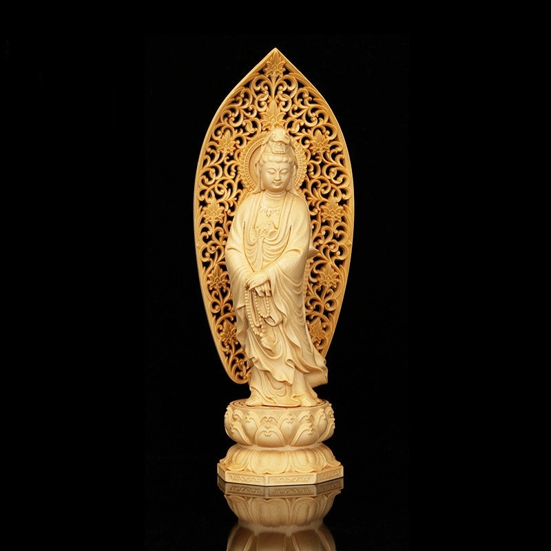 観音像 観音菩薩 透かし背景 数珠 立像 木彫り 仏像 置物 仏壇仏像 高級天然ツゲ木彫り 透かし彫り唐草光背 風水 置物 供養品 観音菩薩立像 7,455円