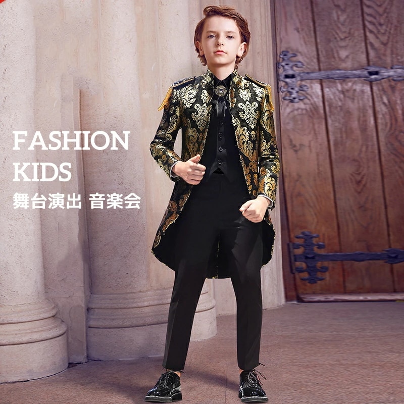 新しい 高級感 舞台演出 王子 タキシード スーツセット ゴールド 音楽会 演奏会 発表会 男の子スーツ キッズスーツ 子供服 子供スーツ 紳士服 エレガント 上品 格好良い 結婚式 ６点セット ジャ