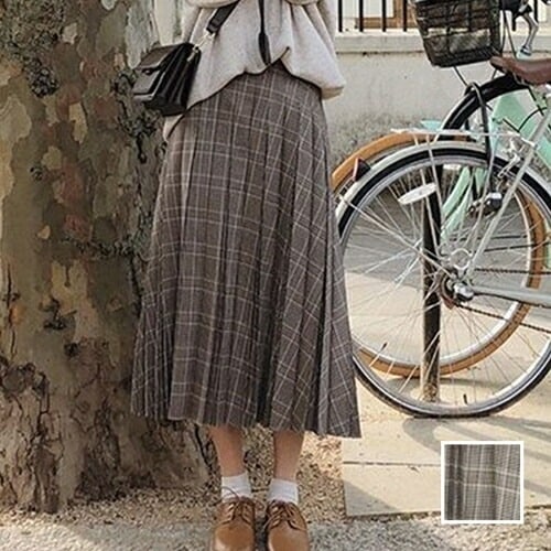 スカート ボトムス 韓国 ファッション レディース 秋 冬 カジュアル コーデ シンプル 定番 セレカジ 20代 30代 40代 2025 チェック プリーツ ミモレ丈 トラッド ガーリー