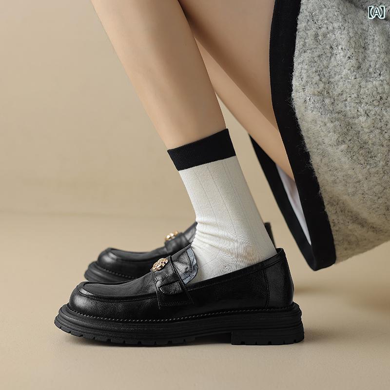 ローファー レディース 通学 通勤 学生 カレッジ 仕事 オフィス シープスキン 椿 ゴールド コイン フレンチ ブリ ティッシュ スタイル ラウンドトゥ スリッポン シューズ プラットフォーム 厚底 10,786円