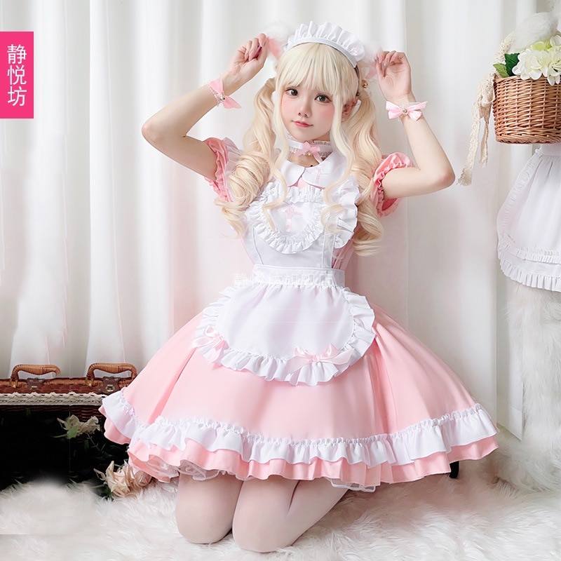 猫ピンクのメイド衣装日本のアニメかわいいロリメイドコスプレメイドスカートプリンセスドレス