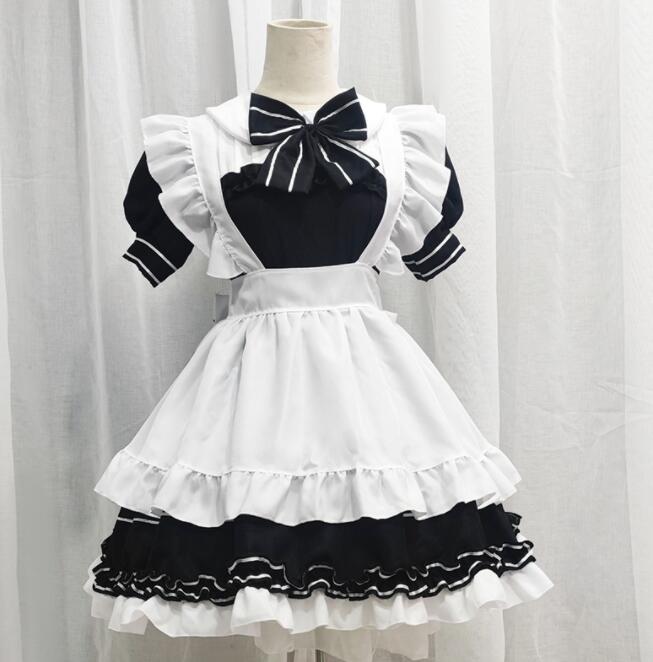 迅速な出荷 レディース メイド コスプレ衣装 半袖 ショート丈 ワンピース メイド服 大人 女装 仮装 変装 ハロウィン 衣装 エプロン ウェイトレス 裾フリル ストライプ リボン 黒＋白 悪魔 lo