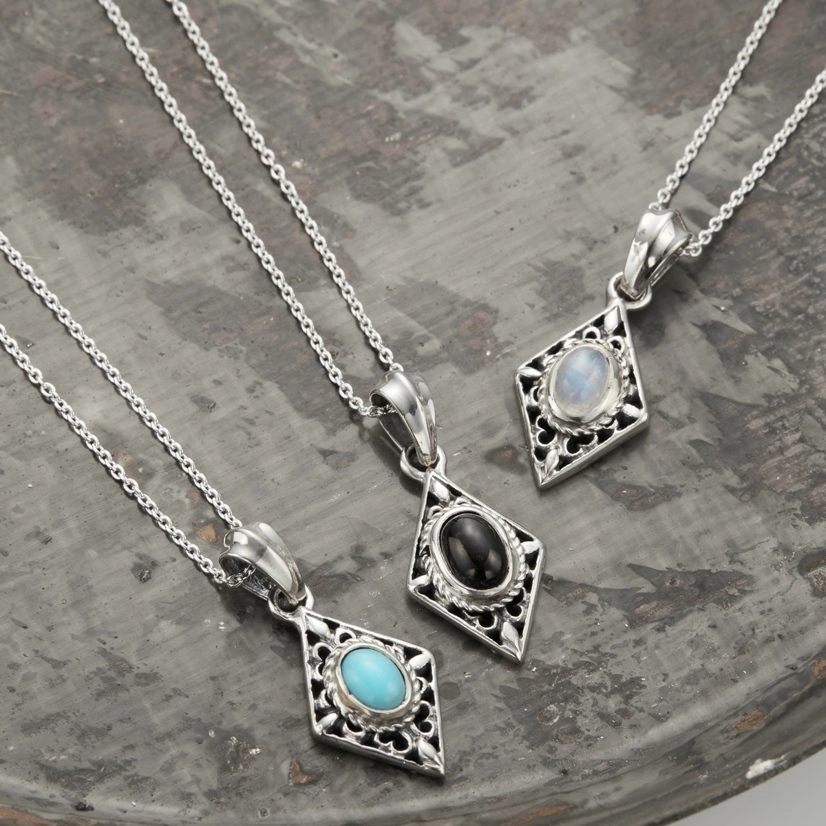 ネックレス レディース メンズ シルバー925 ターコイズ オニキス ムーンストーン ひし形 一石