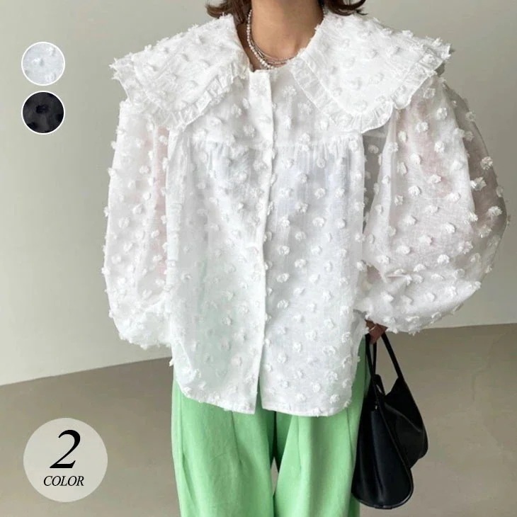 ジャガード ラペルシャツ レディース 春 秋 シャツブラウス トップス 長袖 3D お洒落 可愛い 立体シャツ 長袖シャツ ホワイト ブラック 白 黒 カジュアル 韓国ファッ