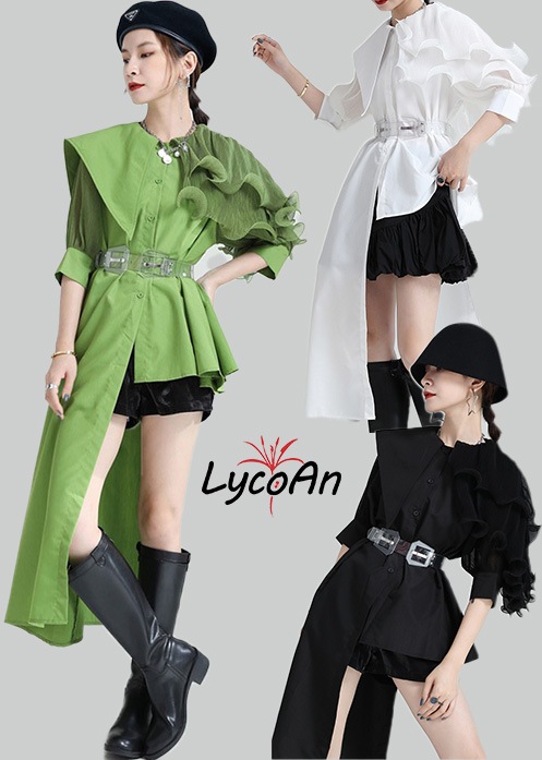 【LycoAn】ティアードコラー アシメトリーブラウス（ショートスリーブ）/3color/シャツ/大襟/フリル
