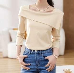 スクエアネック フェミニン プルオーバー トップス カットソー ショート丈 レギュラー丈 長袖 襟付き スリム タイト 細身 ストレート 裾イン 切り替えデザイン 伸縮性 プルオーバー 薄手