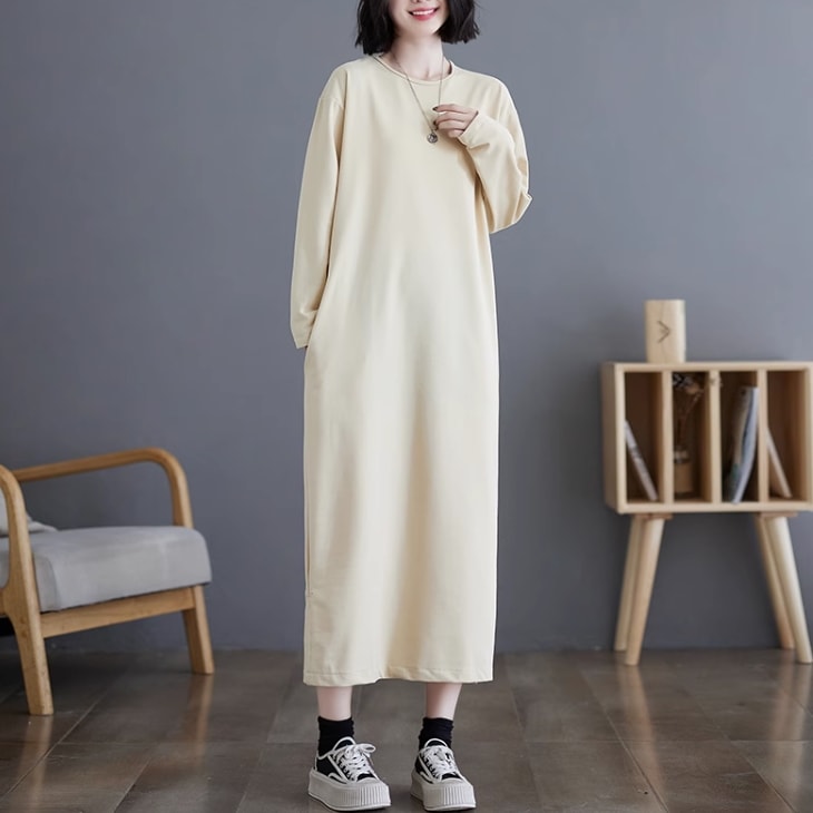 ワンピース ワンピドレス ロング ロング丈 袖あり 長袖 ラウンドネック 襟なし ストレート Iライン スリット サイドスリット ポケット ハイウエスト かわいい 大人可愛い シンプル カジュアル