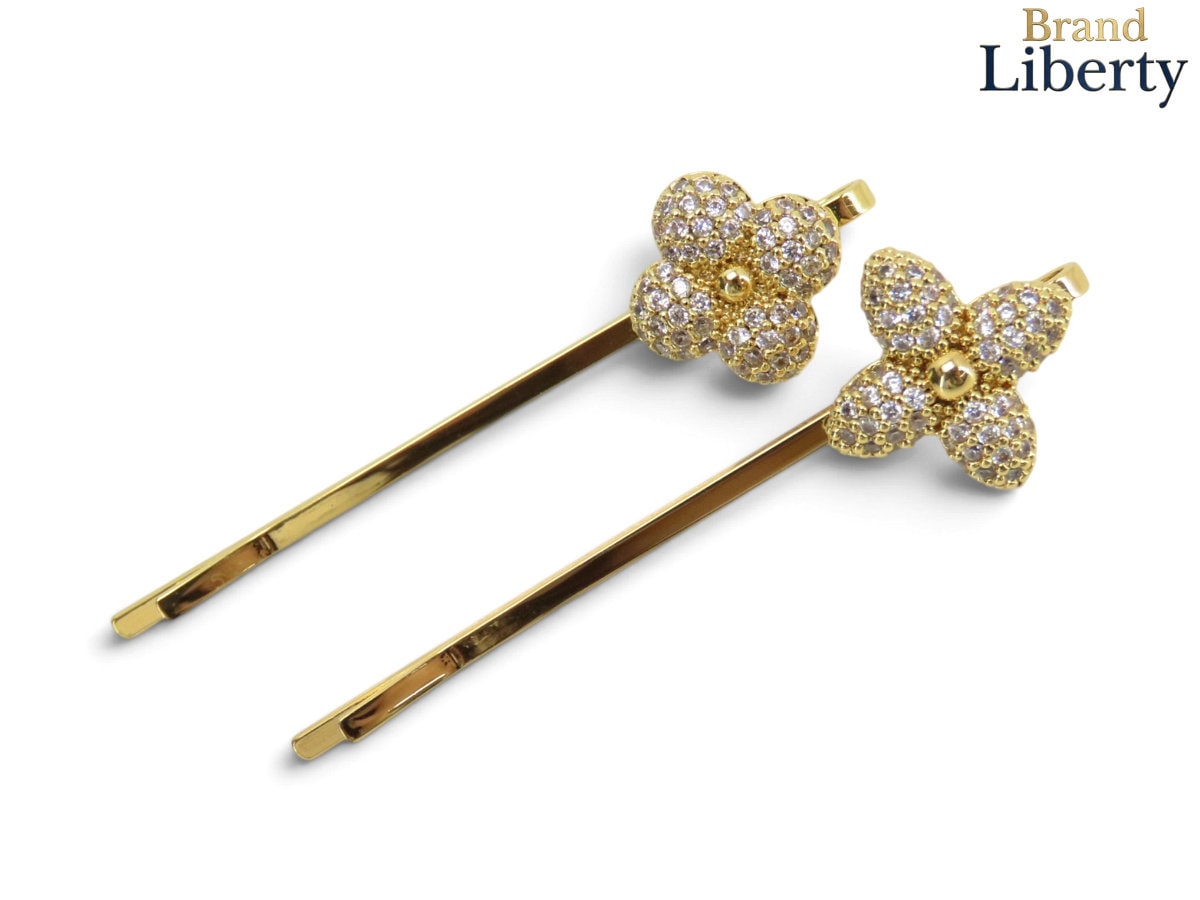 新品同様ルイヴィトンLOUISVUITTONバレッタルイザストラスヘアクリップ2点セットヘアピン髪留めヘアアクセサリーゴールドラインストーンM01672