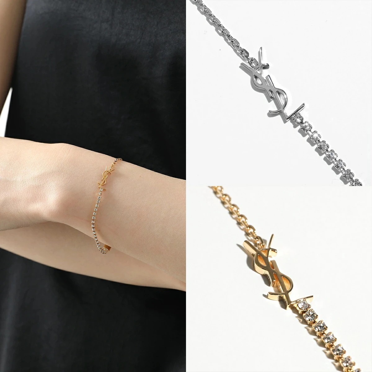 SAINT LAURENT サンローラン ブレスレット 712345 Y1526 レディース カサンドラロゴ ラインストーン チェーン アクセサリー カラー2色