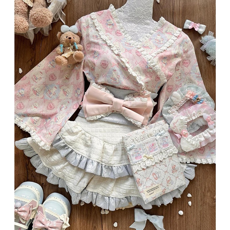 甘い新しい中国風レディース春と秋の花柄レーストップふわふわケーキスカートリボンウエストベルト3点セット