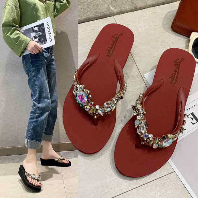 ビジュー厚底ビーチサンダル シューズ レディースサンダル 歩きやすい 履きやすい キラキラ ラインストーン かわいい きれいめ 大人 上品 おしゃれ 旅行 無地 鼻緒 プラットフォーム レディース デ