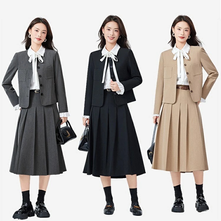 期間限定 S～4L3色ブラック グレー ベージュ スーツ スカートスーツ フォーマル 制服 ビジネス OL 通勤 通学 面接 卒業式 入学式 イベント 大きいサイズノーカラージャケット＆可愛い