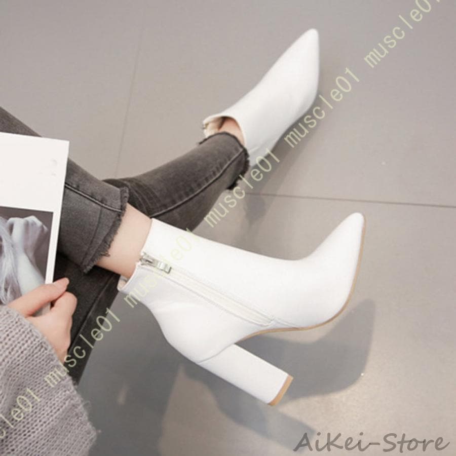 チャンキーヒールポインテッドトゥ 美脚 ショートブーツ レディース ブーツ ハーフブーツ ピンヒール ブーティー 靴 ハイヒール ショートブーツ 黒 ゴム使用