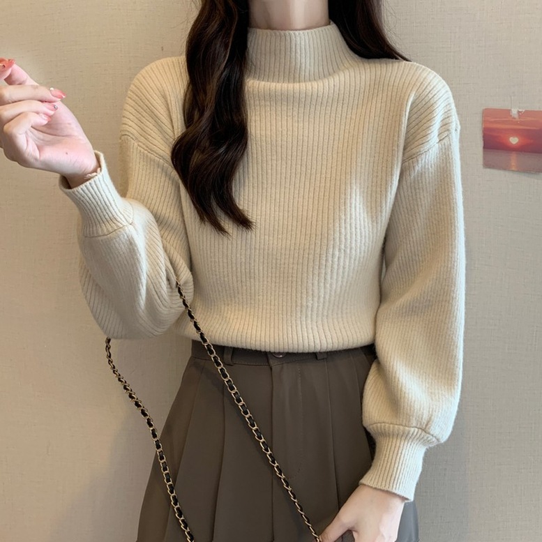 ニット トップス ハイネックリブニット レディース リブニット ハイネックニット タートルニット バルーンスリーブ 長袖 リブ セーター プルオーバー ドロップショルダー 無地 フェミニン 白 茶色
