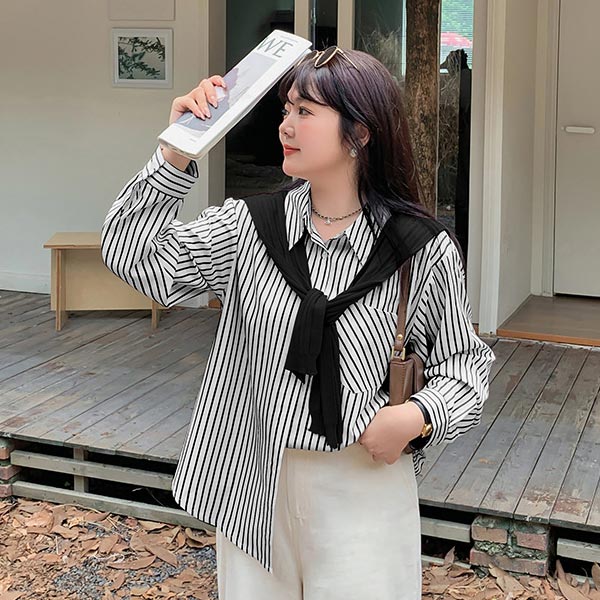 【人気商品超目玉】レギュラーカラー ストライプシャツ+長袖ニット風ストールレイヤードスタイル レディース 5,379円