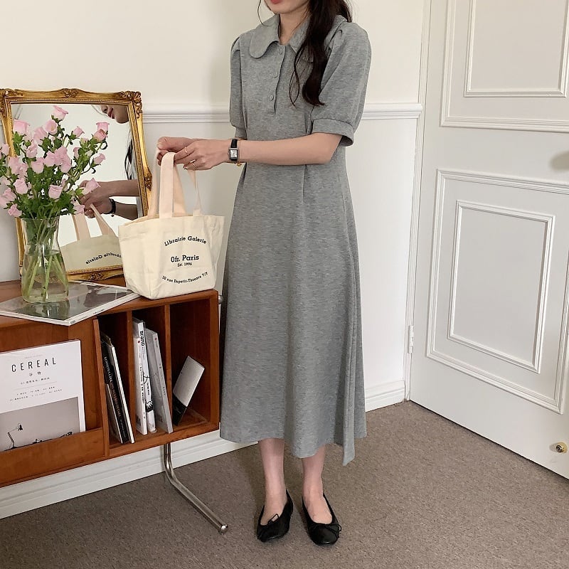 ワンピース ロング ロング丈 シャツワンピース 黒 ブラック グレー 灰色 無地 襟付き 半袖