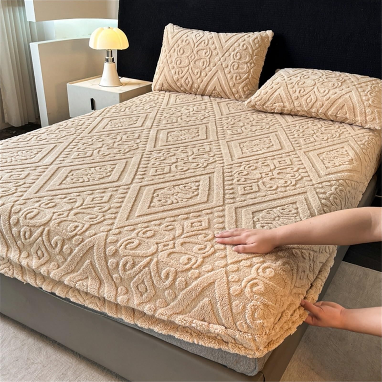 シーツ 冬厚く暖かいサンゴぬいぐるみマットレスカバー高弾性滑り止め通気性に適した寝室ソフトベッドシート(Khaki 90x200cm)