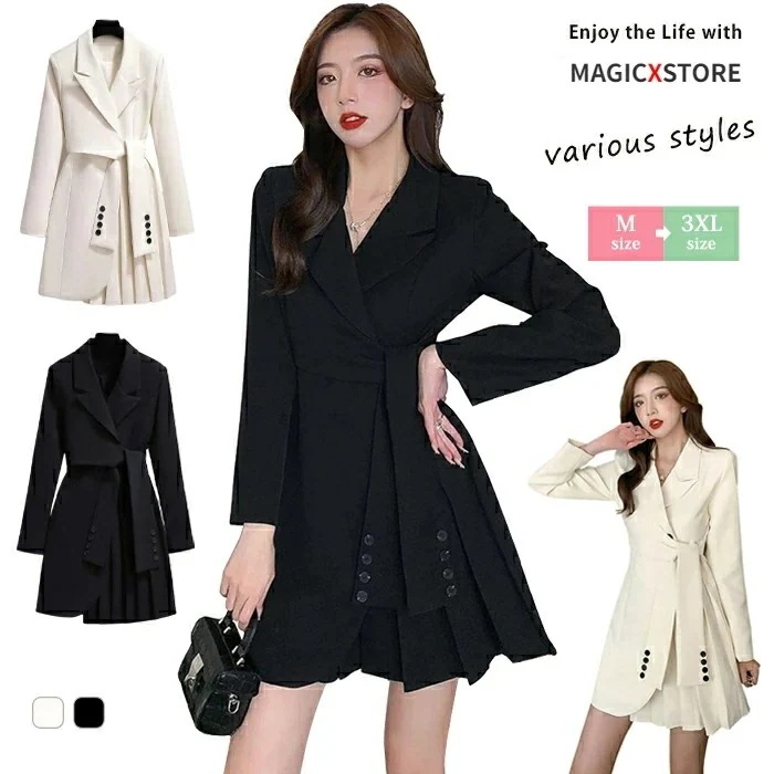 レディース 短め丈 ワンピース ドレス ジャケット プリーツ きちんと感 長袖 Vネック ウエストベルト シンプル 襟 無地 スーツコート ジャケット ロング丈 アウターコート ベルト付け ボ