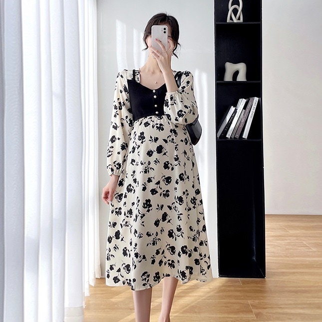 【送料無料】マタニティ ワンピース 花柄 スクエアネック ハイウエスト パフスリーブ Aライン