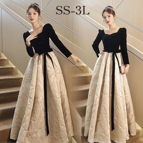 ドレス 大人 ピアノ 発表会 ロング丈 ぽっちゃり 大きいサイズ イブニングドレス 演奏会 ピアノ発表会 袖付き ワンピース Aライン ステージドレス 二次会 女子会 成人式 パーティードレス 大人可