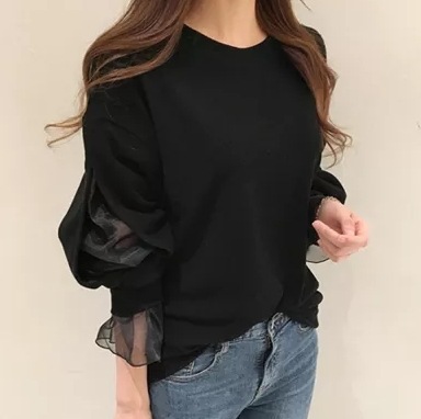 プルオーバー トップス カットソー トップス 袖あり 長袖 ボリューム袖 パフスリーブ Uネック 切り替えデザイン チュール シフォン 透け感 プルオーバー ポリエステル かわいい 大人可愛い 大人