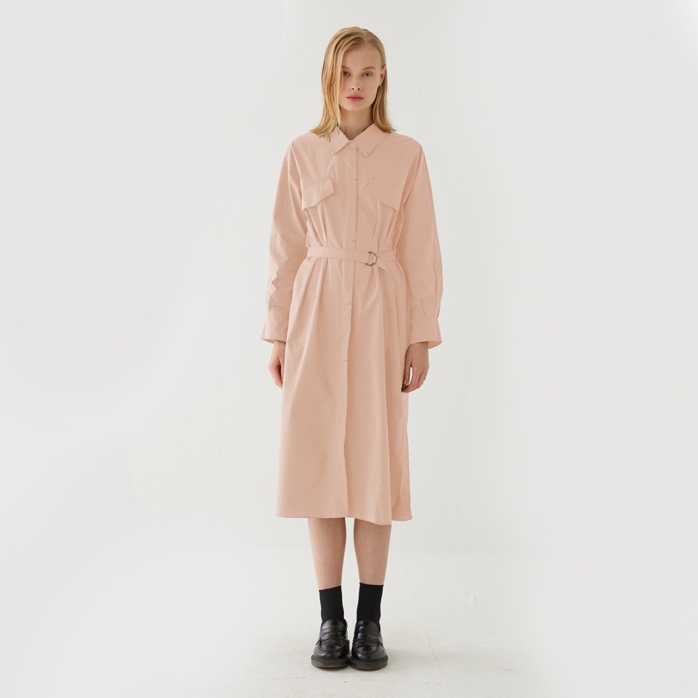 Pintucked Silky 3/4 Sleeves Shirt-dress (Ash Pink)