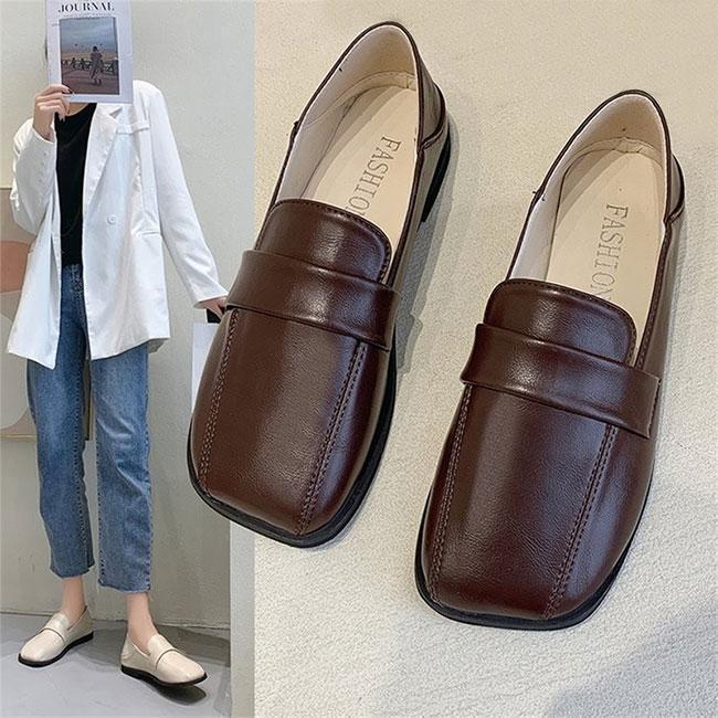 ローファー レディース フラットシューズ スクエアトゥ 春 秋 シューズ PUレザー レトロ 高級感 靴 美脚 PUローファー 楽ちん 婦人靴 オフィス デート