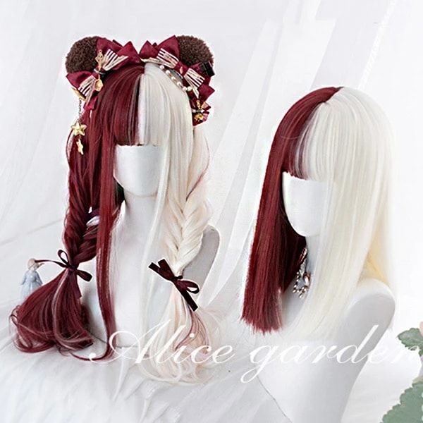 ウィッグ ツートン ロリータ 原宿風 ツートンカラー 病みかわ ロング ミディアム 巻き毛 ぱっつん前髪 レディース オフホワイト ワインレッド ゆめかわ コスプレウィッグ 可愛い 耐熱ウィッグ コス 4,817円