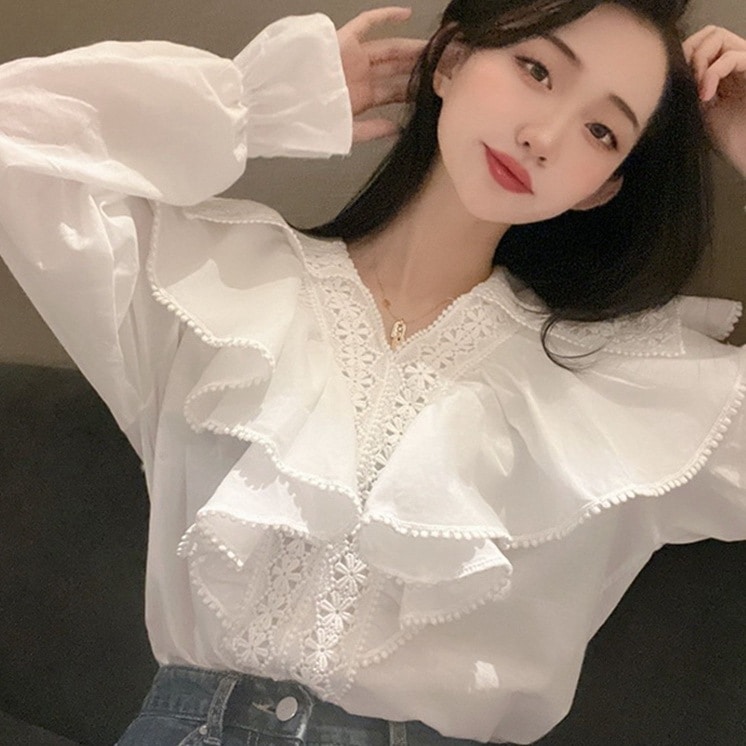 トップス レディース フリル ブラウス カットソー 白シャツ きれいめ 個性的 春服 秋服 冬服 長袖 Vネック 大きな襟 フリル SNS 映え 写真 映え モテ 流行 トレンド 高見え 無地 ホワイ