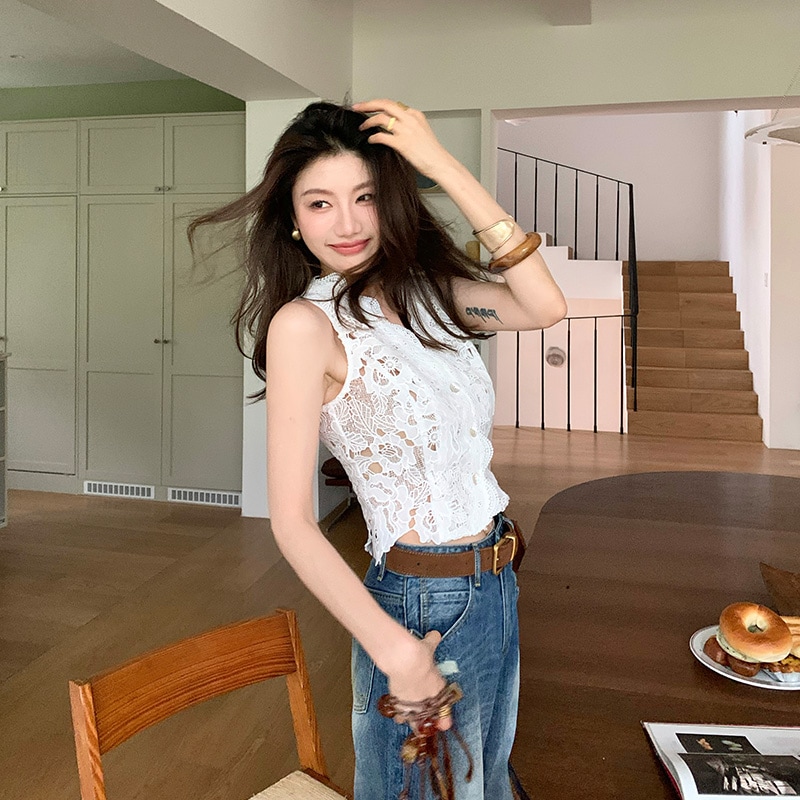 11 長いxierフレンチライト贅沢なレースホローベスト夏の女性向けの女性向けハイエンドデザインノースリーブベストトップ