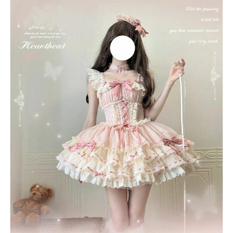 3日以内に出荷 ロリータ ドレス ピンク 可愛い お姫様 ロリータ ワンピース ショート丈 ミニ丈 ジャンパースカート 裾フリル レース 蝶リボン ティアードスカート ふわふわ ボ多数の好評