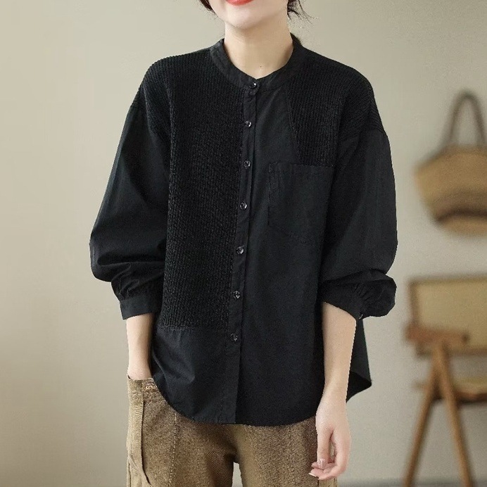 トップス シャツ 長袖 襟付き 前開き ボタン 胸ポケット ミディアム丈 異素材ミックス かわいい 大人可愛い きれいめ シンプル 上品 おしゃれ かっこいい カジュアル こなれ感 個性的 主役級