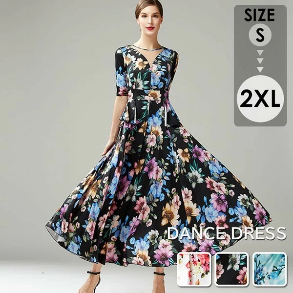 リピーター続出社交ダンス ドレス 社交ダンス衣装 ワンピース 競技用ドレス スタンダード ステージ衣装 ブルー ブラック ピンク 大きいサイズ ロング丈 広がる裾 エレガント ダンスウェア 花柄 五分