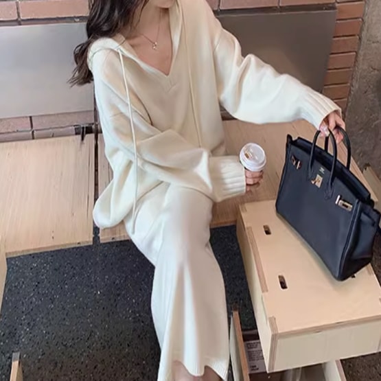 レディース スカート トップス ニット プルオーバー セットアップ 上下セット 2点セット 膝下 長袖 襟なし フード ストレート スリット ハイウエスト かわいい 大人可愛い きれいめ シンプル