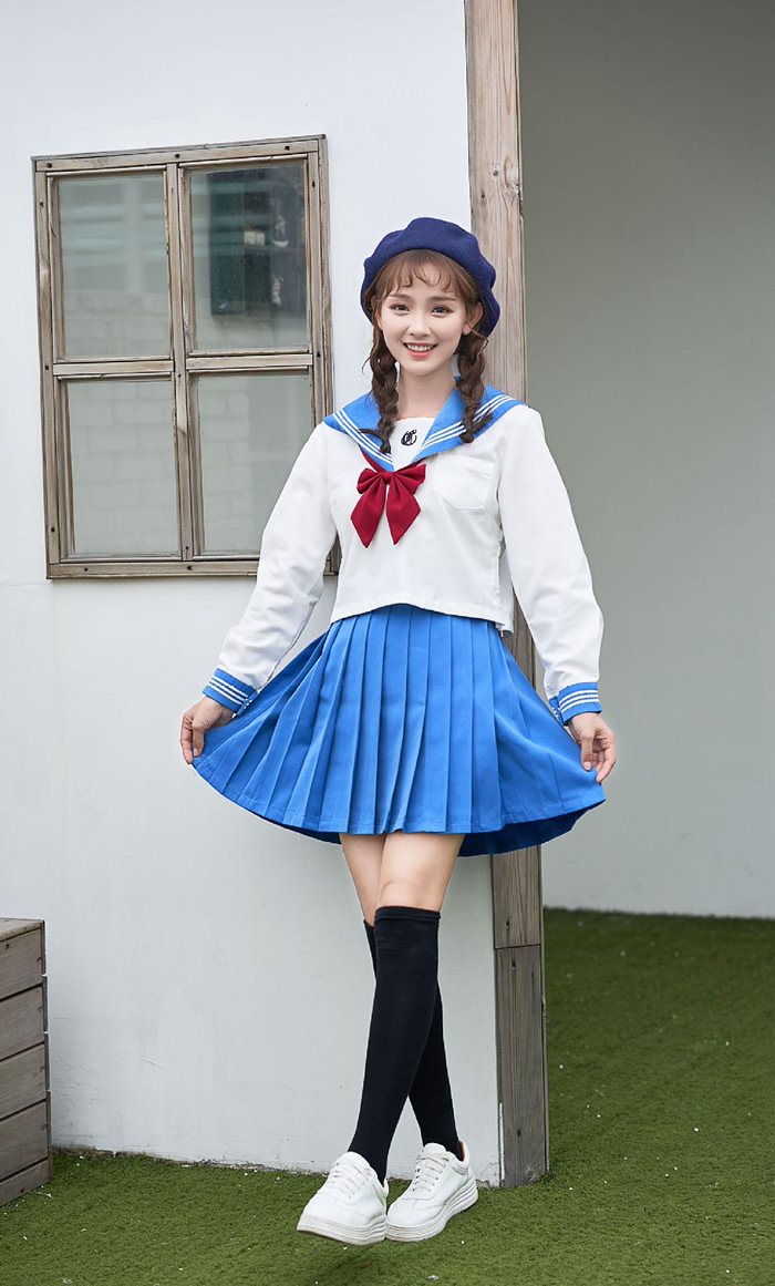 学生服 新入荷 白 色 長袖 水色スカート上下セット セーラー服 リボン 女子制服 Jk制服 女子高生制服 高校生 女子高校生 大人 レディース 大きいサイズ 可愛い かわいい おしゃれ S L Xl Sweethome67 Fr