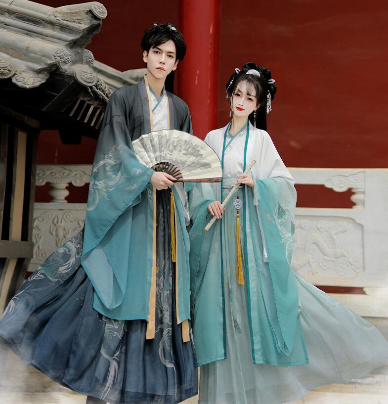 男女兼用漢服唐装　豪華プリント漢服　羽織3点セットアップ　グラデーション　ロング丈羽織　プリーツスカート　カップル中華振袖漢服　振袖中華古風コスプレ衣装　イベント　メンズレディースチャイナ舞台ステージ