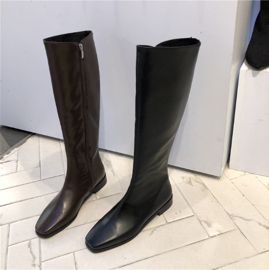 【取寄：納期2週間】ロングブーツ レディース ブーツ 靴 シューズ スクエアトゥ シンプル 無地 ローヒール サイドジッパー カジュアル お出掛け おしゃれ 秋冬 ロング丈 歩きやすい