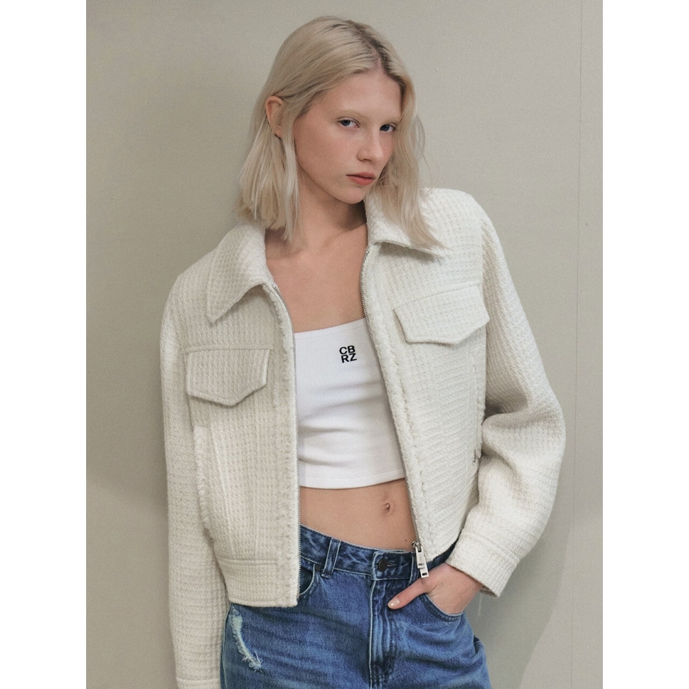 シティブリーズツイードカラージップアップジャケットアイボリー