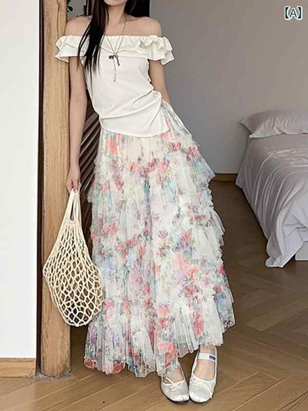 【超人気】レディースチュールロングスカートバラ花柄プリントビーズ装飾不規則裾切り替えフレアデザイン軽やか素材女性用ロング丈スカート上品