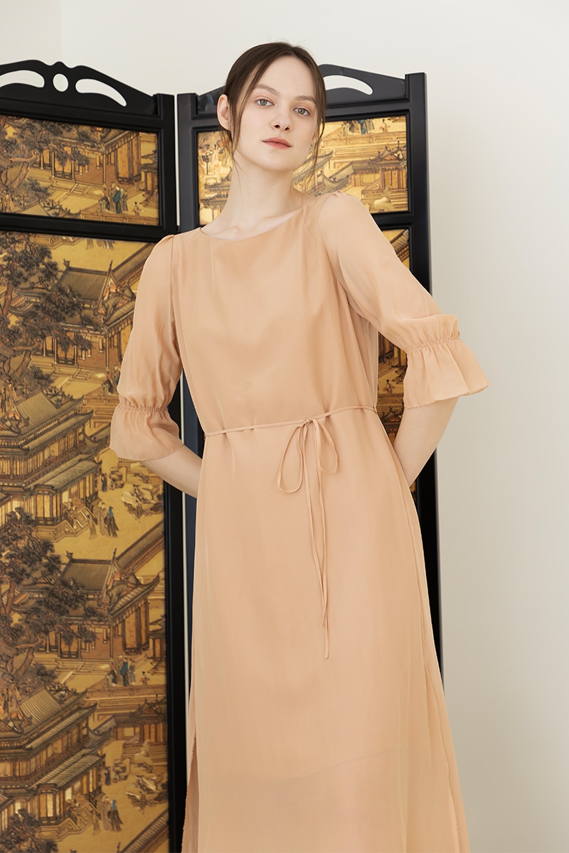 READ_ME 総柄ノースリーブAラインワンピース（スタンドカラー / サマーシルク混 / 軽やか上品）B20886624