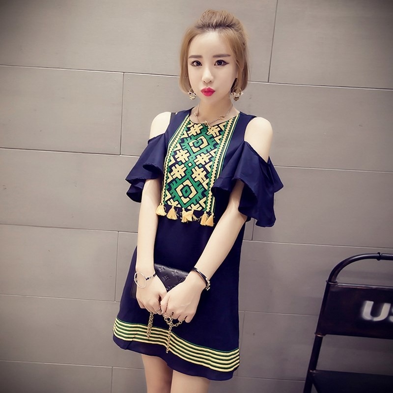 1650.オープンショルダーノースリーブワンピース（ブルー） 2019 春夏 sale 海 ビーチ プール リゾート 女子会 通学