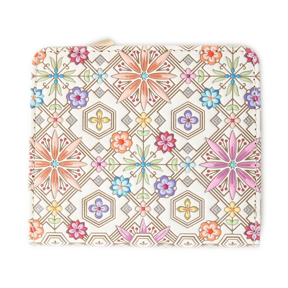 日本製 友禅染 二つ折り 財布 L字ファスナー 花菱 はなびし 柄 本革 レザー 江戸小紋 ミニ