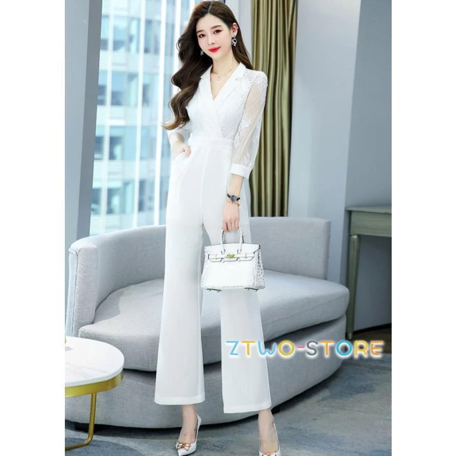 パンツドレス かっこいい パーティードレス 結婚式 お呼ばれドレス パンツ オールインワン レディース 大きいサイズ 3L 七分袖 袖あり 黒 白 レース袖 シアー袖 6,640円