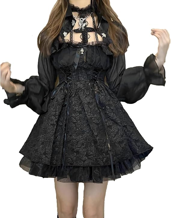 [QOOLYㅤ] コスプレ ハロウィン ワンピース レディース ゴシック 黒 ブラッ