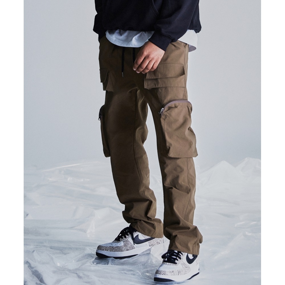 NOT4NERD ナイロンユーティリティジッパーカーゴパンツブラウンカーキ